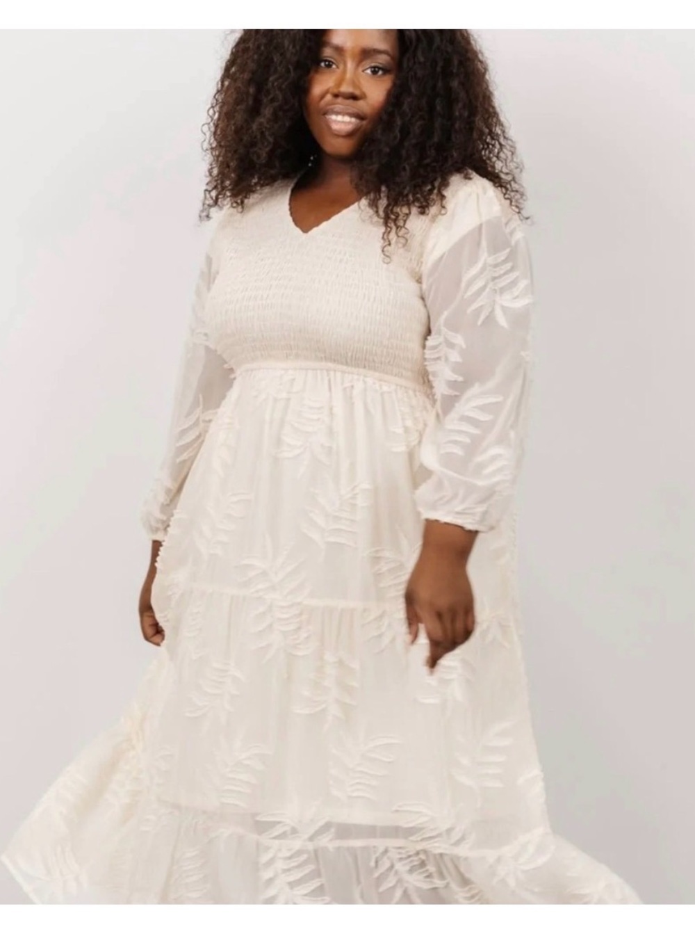 Baltic Born Ivory Smocked Bodice Midi Dress Sheer Sleeves Leaf Appliqué 3XL